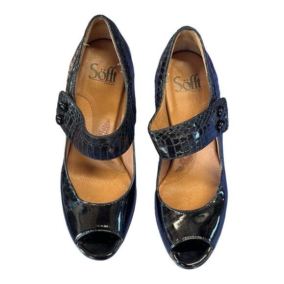 Sofft | Black Mary Jane Black Patent Leather Button Strap Heels 7.5M - Picture 4 of 10